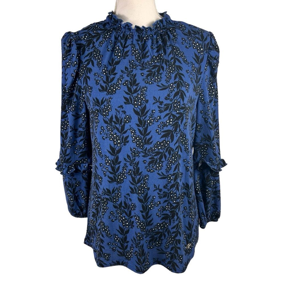 New Adrienne Vittadini Pullover Blouse Medium High Neck Floral Blue Black
